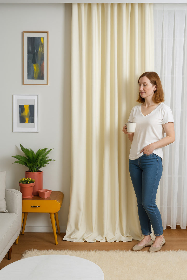 Keten Fon Perde Natural Ekonomik Dekoratif Salon Yatak Odası Çocuk Odası PİLESİZ — Krem