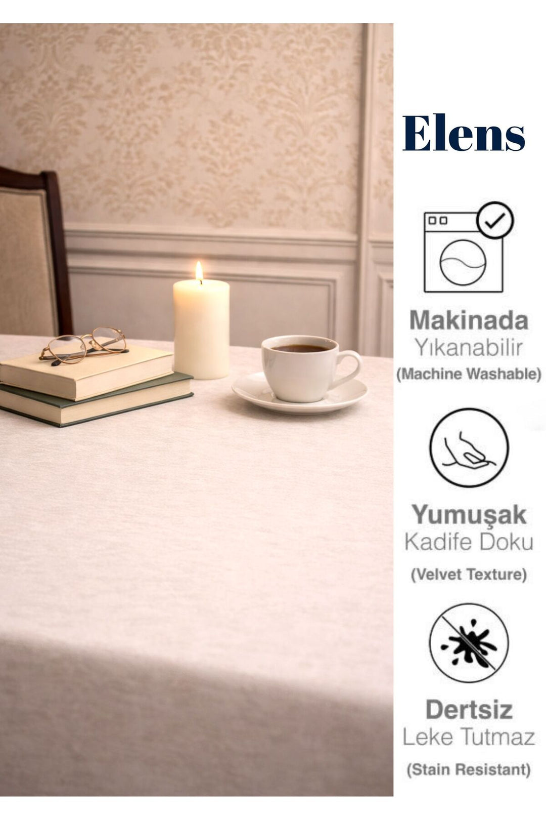 KADİFE Dokulu Dertsiz Masa Örtüsü EKONOMİK Zarif Mutfak ve Salon için — Krem