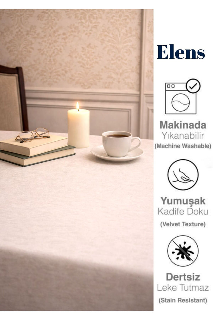 KADİFE Dokulu Dertsiz Masa Örtüsü EKONOMİK Zarif Mutfak ve Salon için — Krem