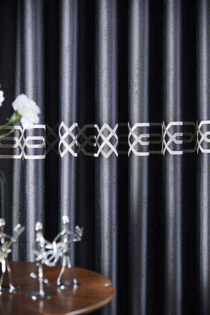 Lacivert Premium Kalite Bordür Nakış Işleme Ipek Lüx Saten Fon Perde Ekstraforlu Büzdürmeli Abella — Lacivert