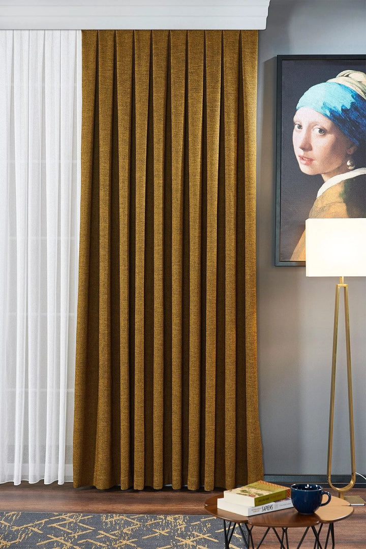 Hardal Siyah Modern Keten Düz Fon Perde Salon Çocuk Yatak Odası 1/2,5 PİLELİ Serra — Hardal siyah
