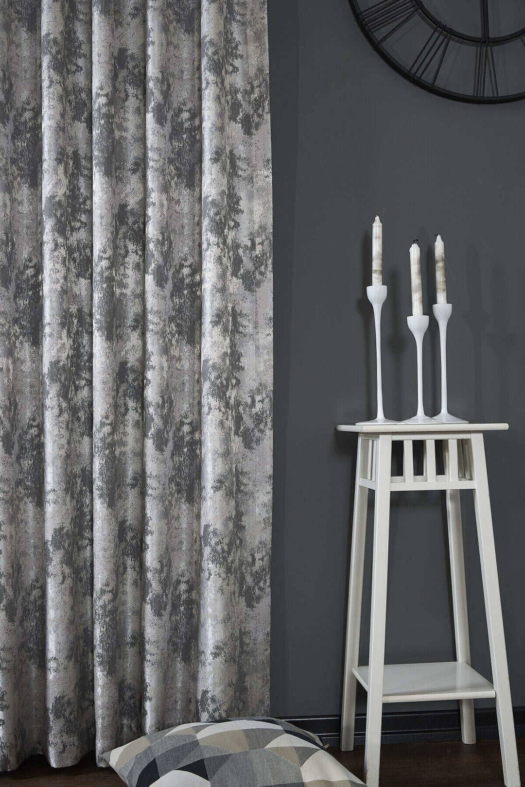 Gümüş Gri Modern Minimalist Kumlama Eskitme Jakar Fon Perde Ekstraforlu Büzdürmeli Fanetta — Gümüş-Gri