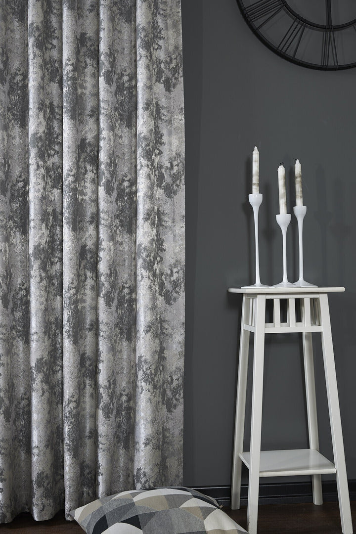 Gümüş Gri Modern Minimalist Kumlama Eskitme Jakar Fon Perde Ekstraforlu Büzdürmeli Fanetta — Gümüş-Gri