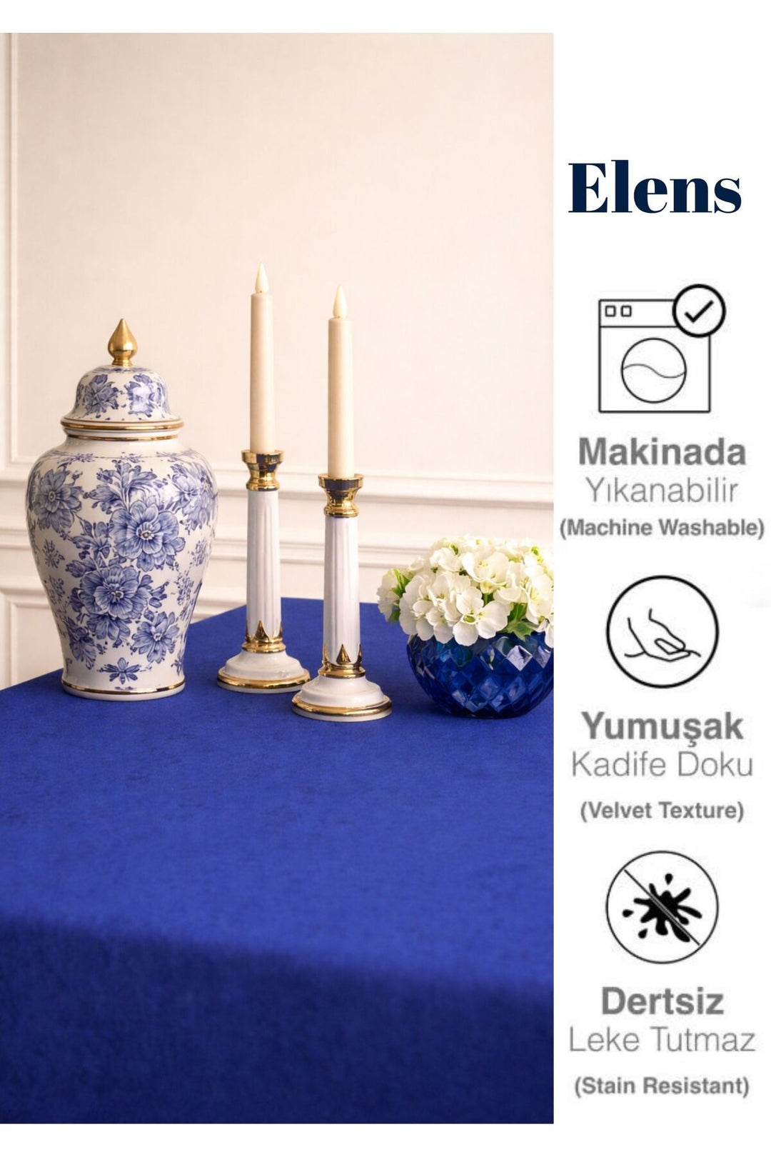 KADİFE Dokulu Dertsiz Masa Örtüsü EKONOMİK Zarif Mutfak ve Salon için — MAVİ