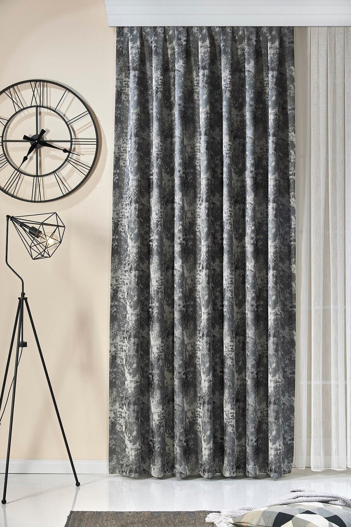 Gümüş Gri Modern Minimalist Kumlama Eskitme Jakar Fon Perde Ekstraforlu Büzdürmeli Fanetta — Antrasit-Gri