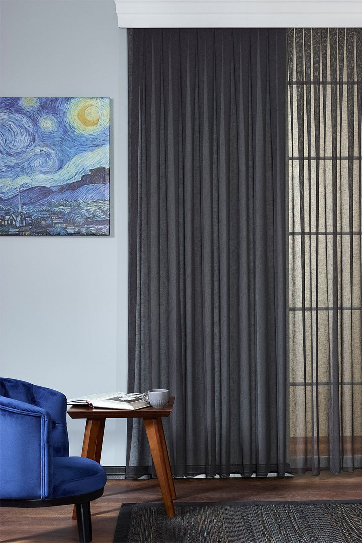 Antrasit Premium Kalite Natural Keten Görünümlü Ütü Istemez Kalın Tül Perde 1/2 Pileli Folded — Antasit