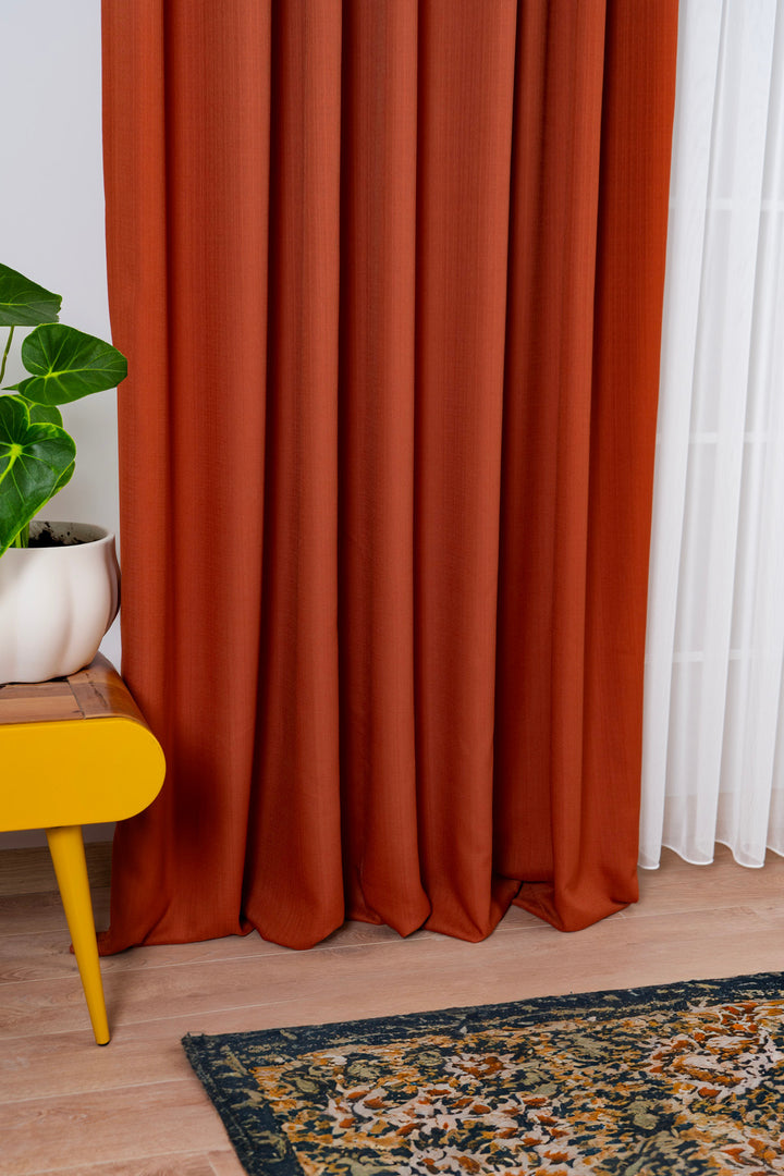 Keten Fon Perde Natural Ekonomik Dekoratif Salon Yatak Odası Çocuk Odası PİLESİZ — KİREMİT