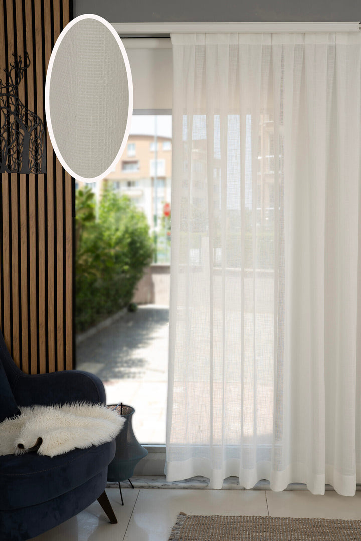 EKRU Natural Salon Tül Perde Efektli KETEN Görünümlü Beyaz Ütü İstemez Tül Perde 1/3 Sık Pileli GUP — Ekru